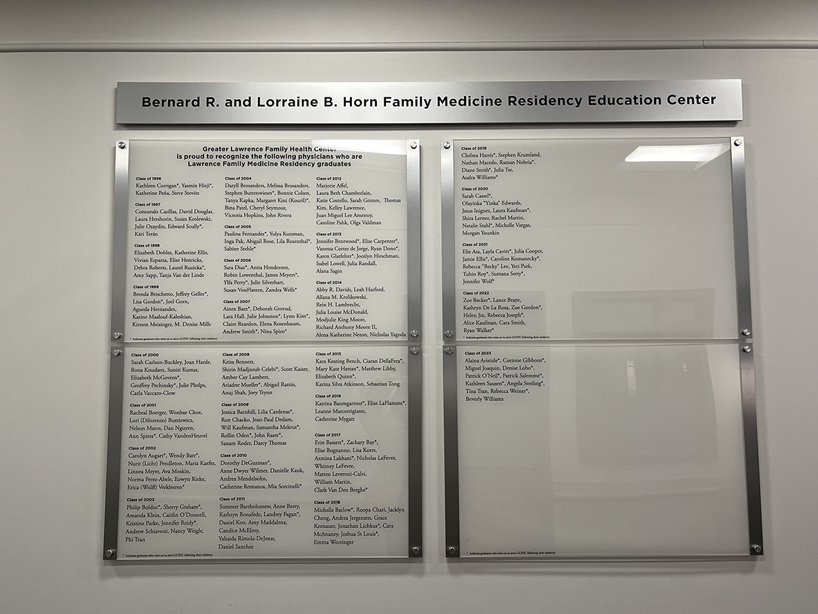Physician Graduate wall of the Bernard R. and Lorraine B. Horn Family Medicine Residency Education Center.