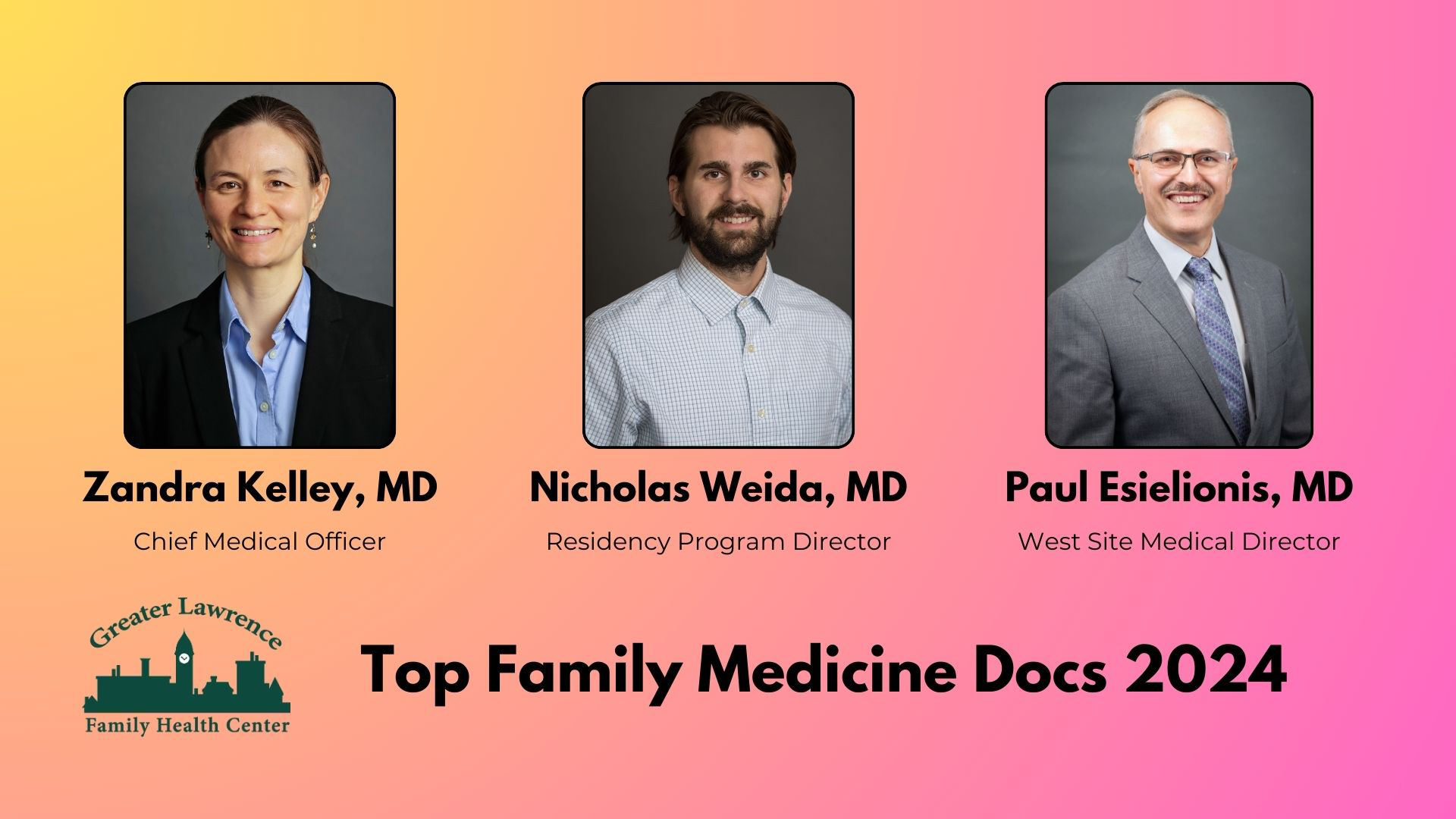 Northshore Magazine named 3 GLFHC physicians as Top Docs in 2024. They are Zandra Kelley, MD; Nicholas Weida, MD; and Paul Esielionis, MD.