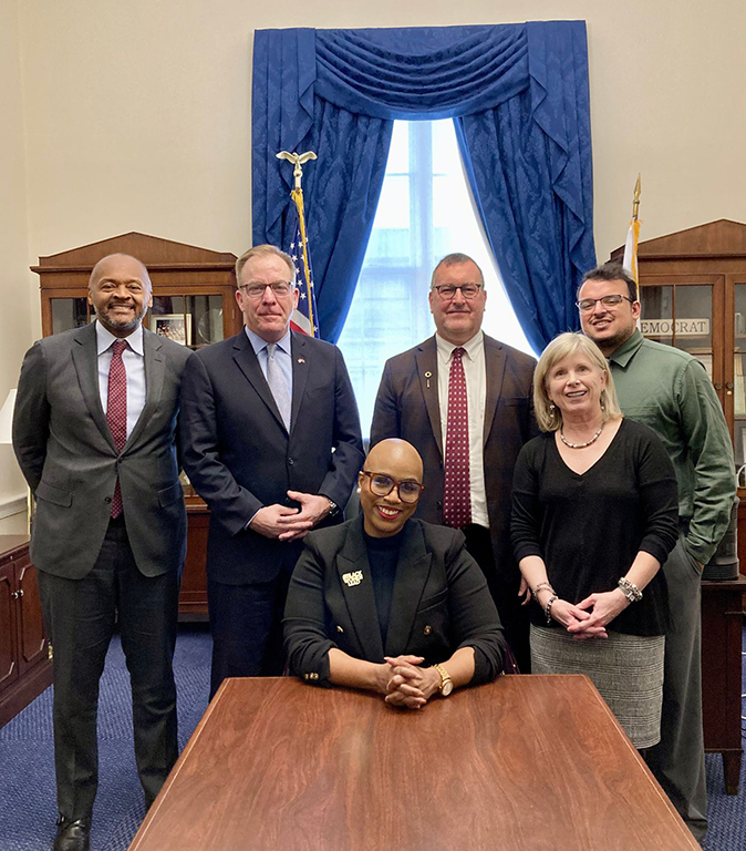 Pictured are, from left, Michael Curry, President & CEO, Massachusetts League of Community Health Centers; Charles Murphy, President & CEO, Harvard Street Neighborhood Health Center; Congresswoman Ayanna Pressley; Sean Cahill, Director of Health Policy Research, Fenway Health; Susan Kinney, GLFHC Chief Advancement Officer; and Aaron Soroa-Alvarez, GLFHC Manager of Legislative Affairs & Advocacy.