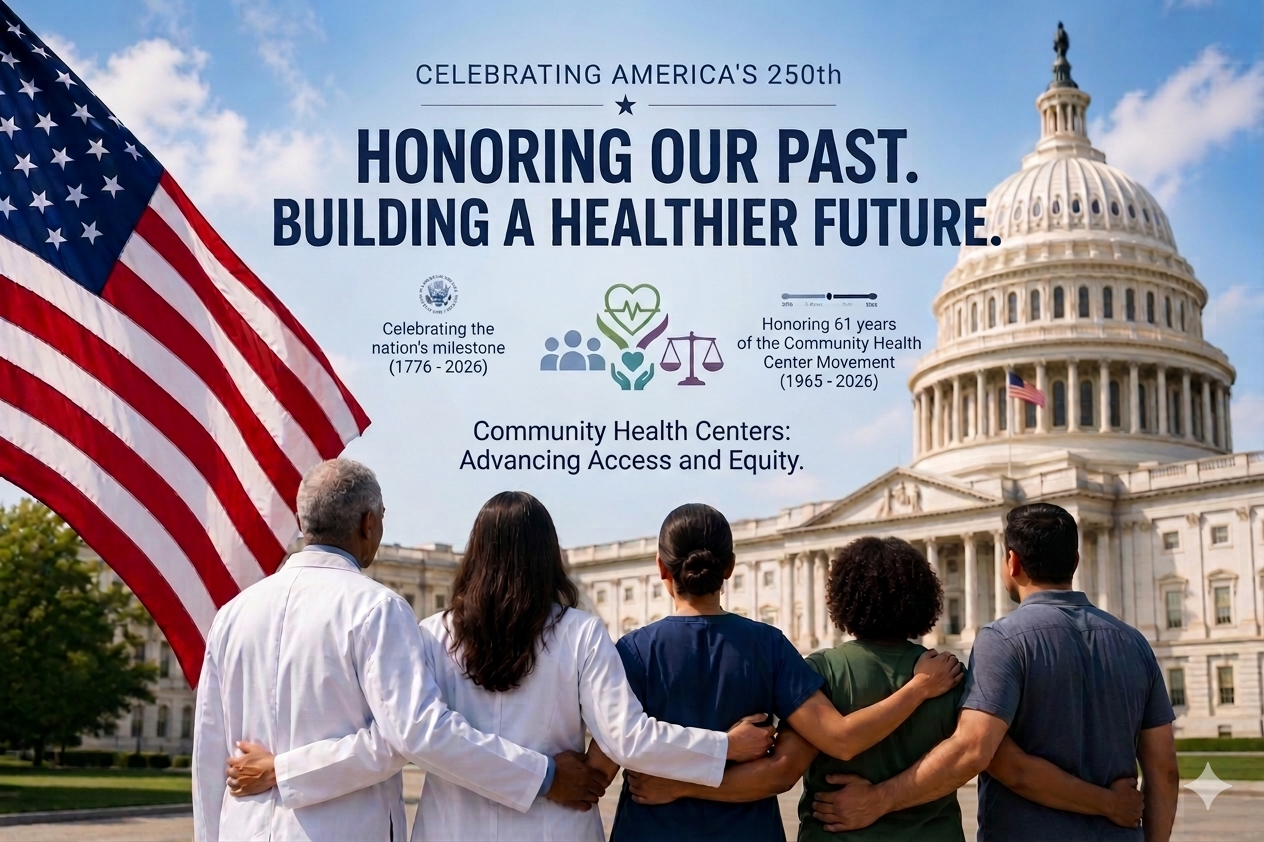 Illustration with five medical professionals linked arm in arm, backs to the camera, looking at the U.S. Capitol in Washington, DC.